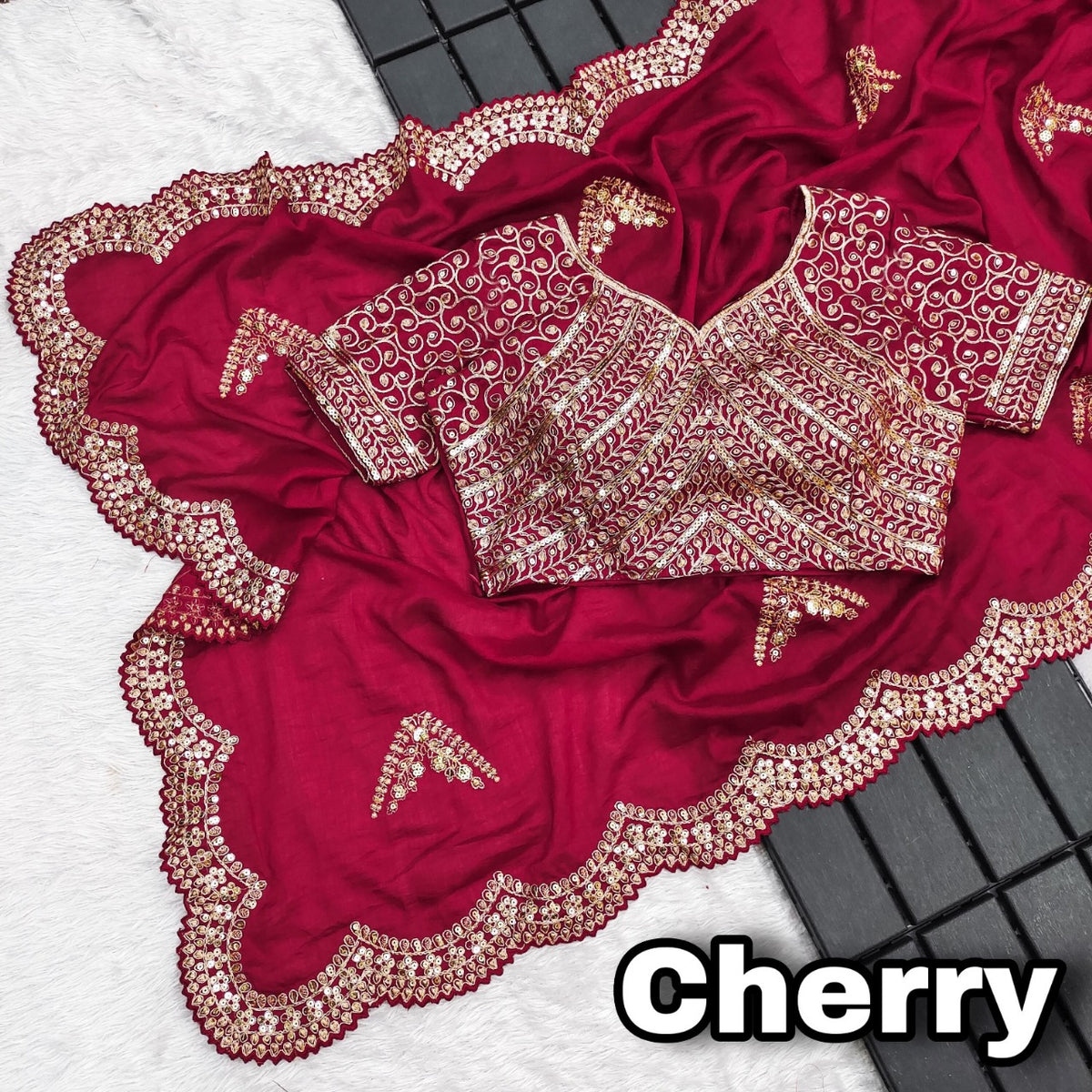 Royal Red Saree with Intricate Silver Zari Embroidery & Scallop Border