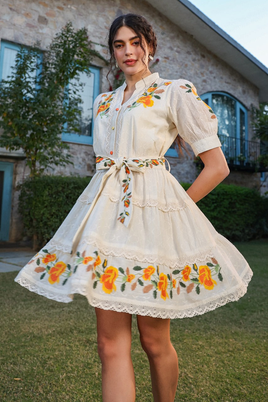 green emerald velvet dress The Wendy Embroidered Dress in Cream Small