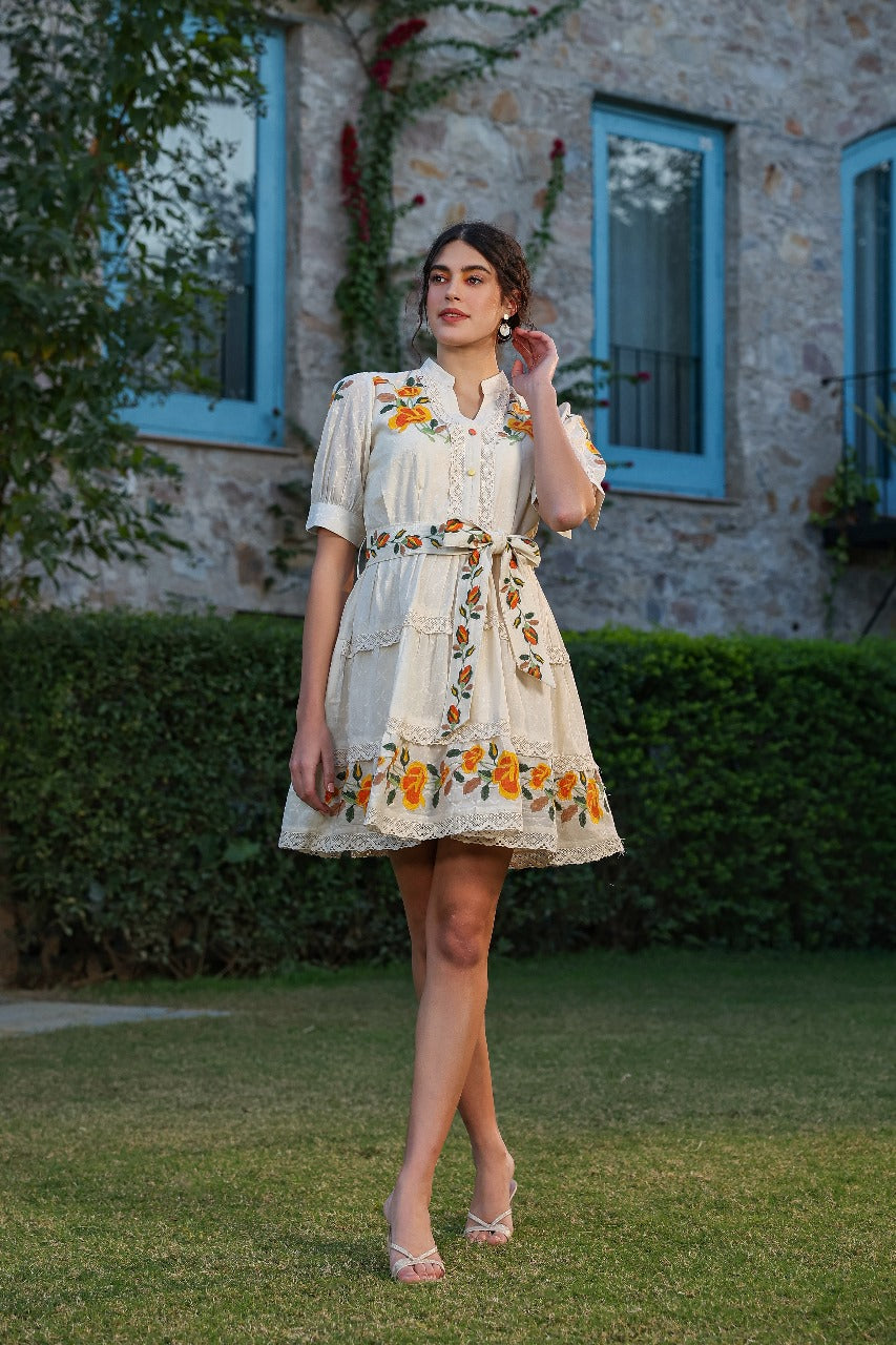 Women Cream Embroidered A Line Dress – Kayabandh