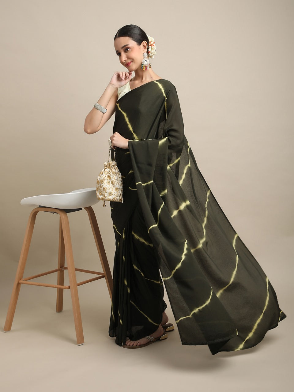 Mehendi Silk Chiffon Leheriya Saree